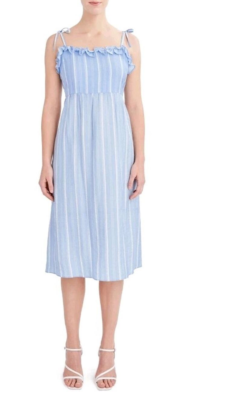 BCBG Paris Dress Womens XS Blue Stripe Midi Tie Strap Ruffle Cottagecore